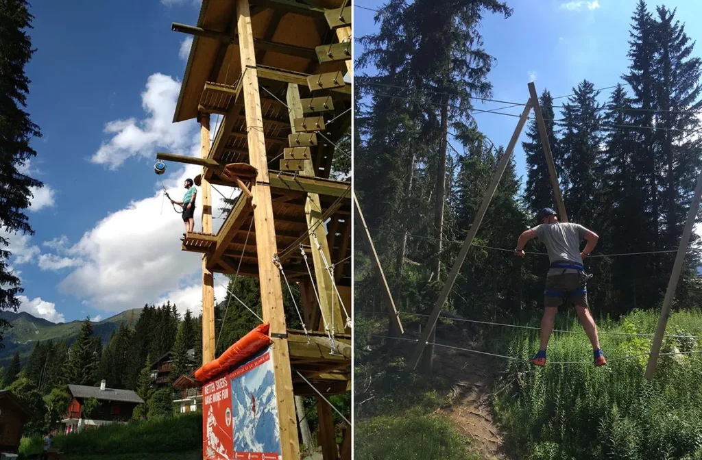 Diptyque montrant la tour de la tyrolienne et un homme parcourant le sentier suspendu dans la forêt à Médran, Verbier.