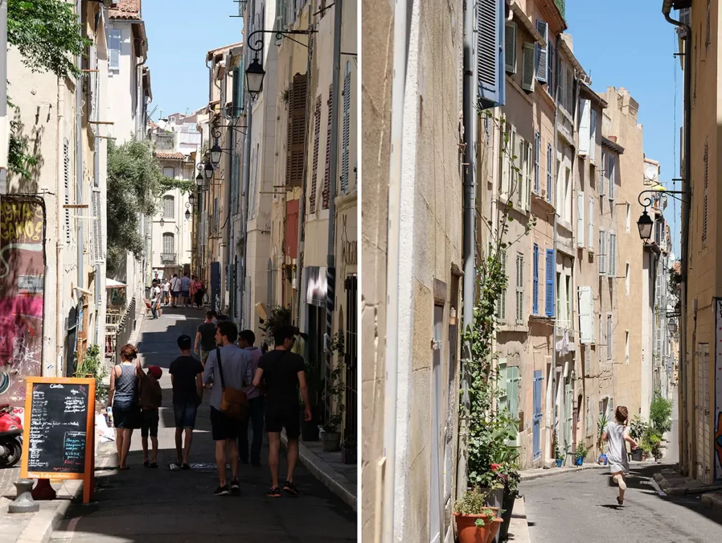Diptyque de deux rues typiques du quartier du Panier lors d'une journée à Marseille.