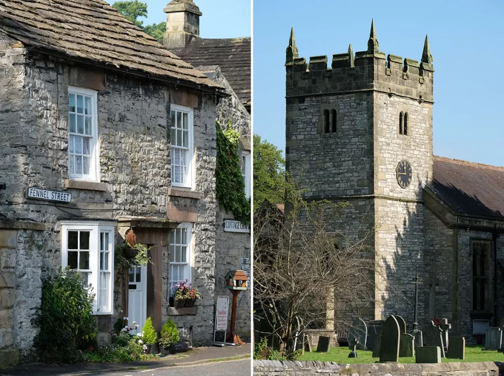 Diptyque montrant une maison traditionnelle en pierre et le clocher de l'église d'Ashford-in-the-Water dans le Peak District.