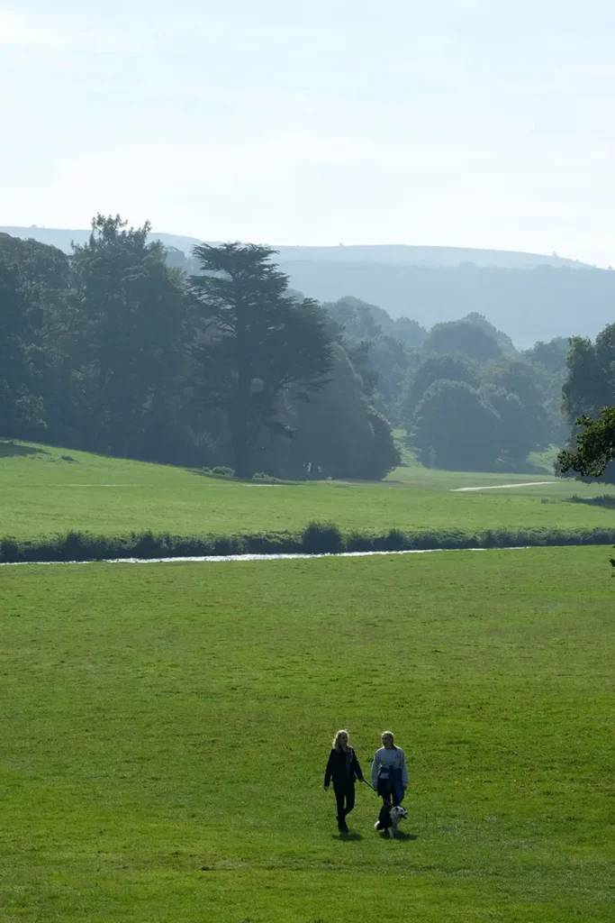 Silhouettes de promeneurs marchant avec un chien dans le parc verdoyant de Chatsworth House.