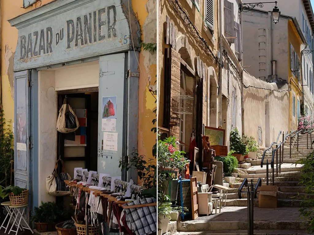Façades typiques et brocantes du quartier du Panier lors d'une journée à Marseille.