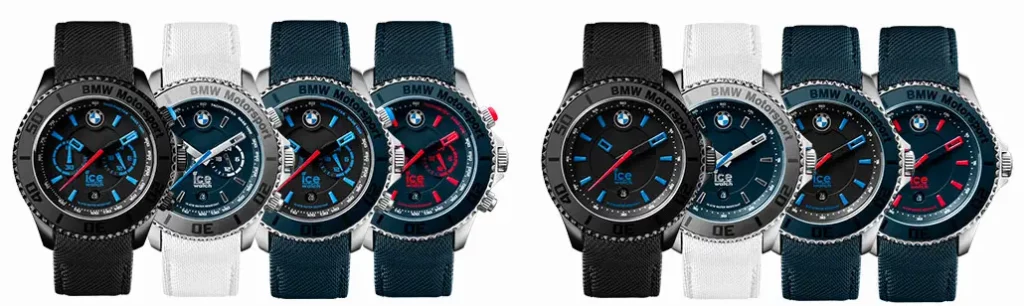 Vue d'ensemble de 8 montres Ice-Watch BMW Motorsport de face sur fond blanc.