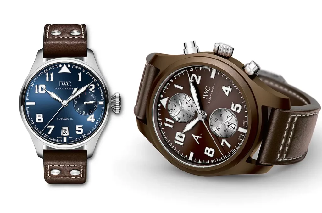Comparaison entre l'IWC Aviateur Le Petit Prince (cadran bleu) et le modèle Last Flight (cadran brun).