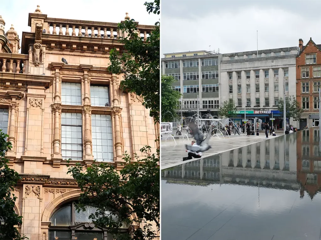 Diptyque de Nottingham : façade typique du centre-ville à gauche et plan d'eau devant le Council House sur Old Market Square à droite.