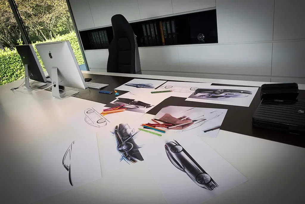 Croquis de design de la Porsche Panamera et pastels sur un bureau moderne dans la Villa Panamera.