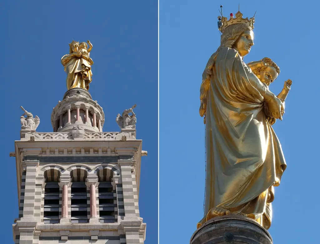 Détails du beffroi et de la statue dorée de Notre-Dame de la Garde lors d'une journée à Marseille.