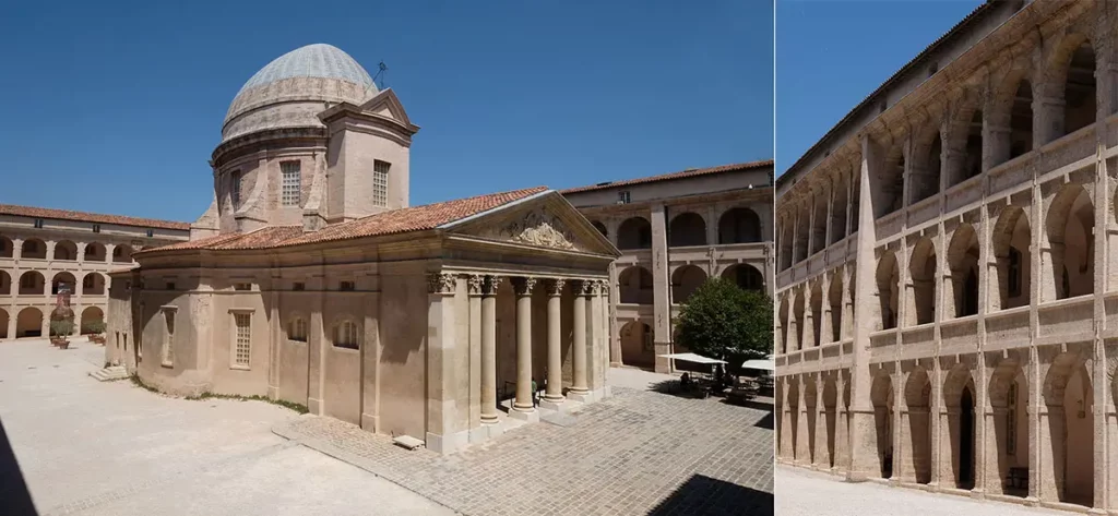 Diptyque de la Vieille Charité : vue d'ensemble de la chapelle baroque et enfilade des coursives sur trois étages.