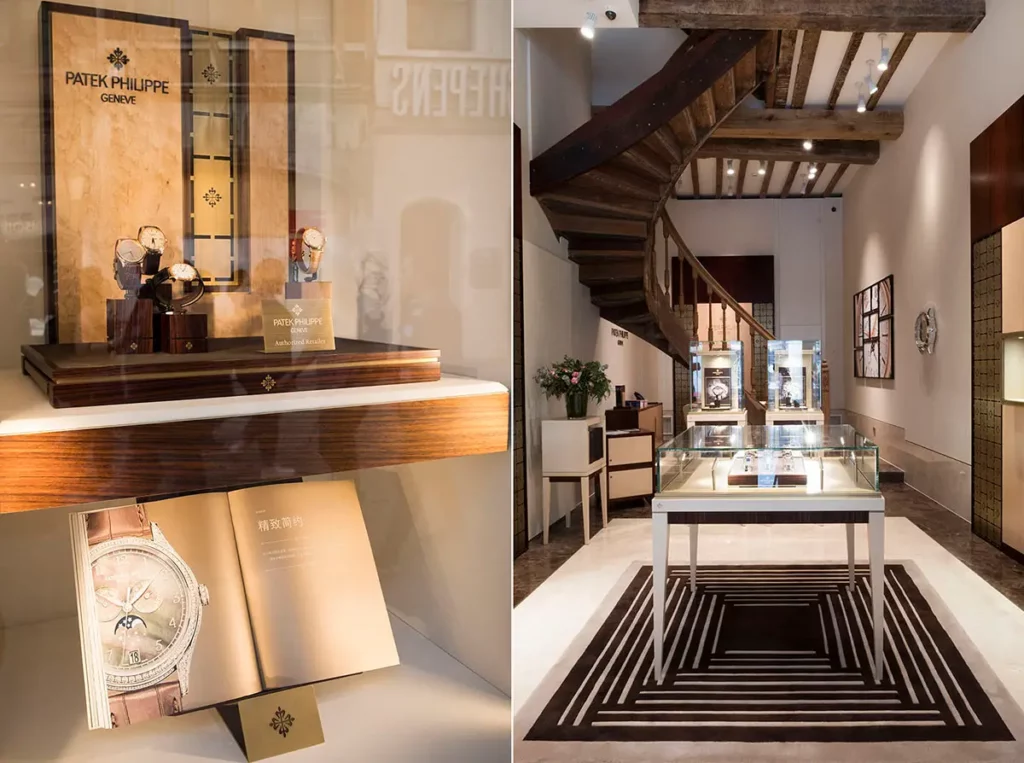 Diptyque montrant un livre Patek Philippe et des montres de luxe (gauche) et la vue d'ensemble des boiseries de la Maison De Greef (droite).