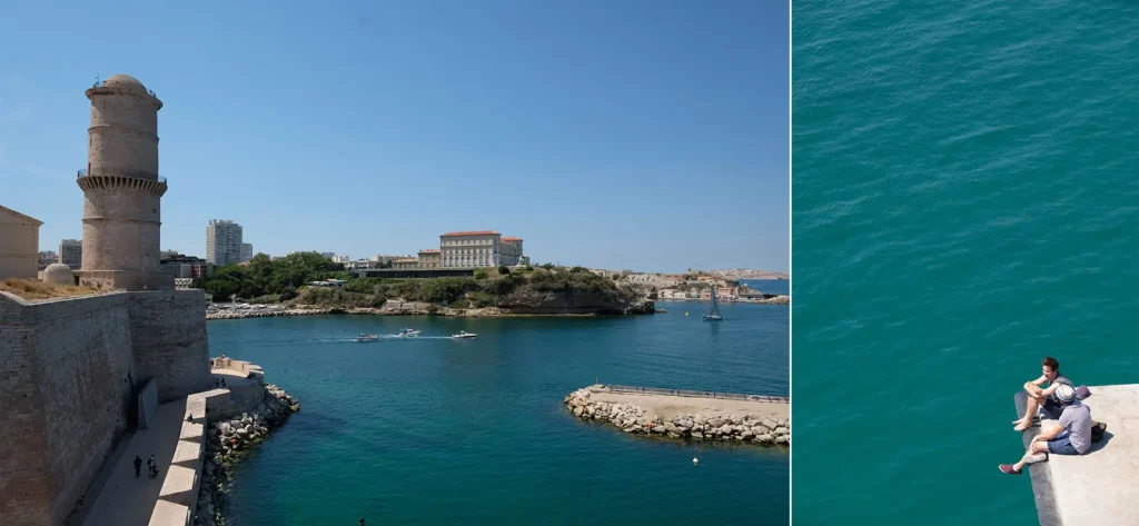 Diptyque photographique montrant l'entrée du Fort Saint-Jean et une vue plongeante sur le quai du MuCEM à Marseille.