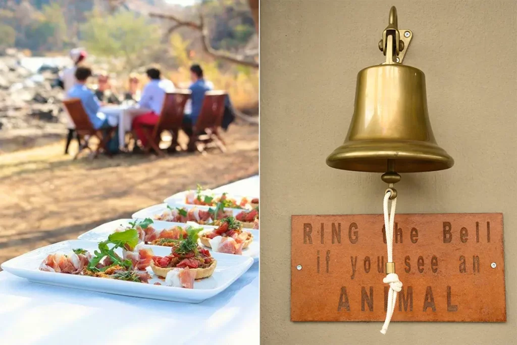 Diptyque montrant des assiettes gastronomiques (gauche) et une cloche en bronze avec inscription "Ring the Bell if you see an animal" (droite) au Esiweni Luxury Safari Lodge.