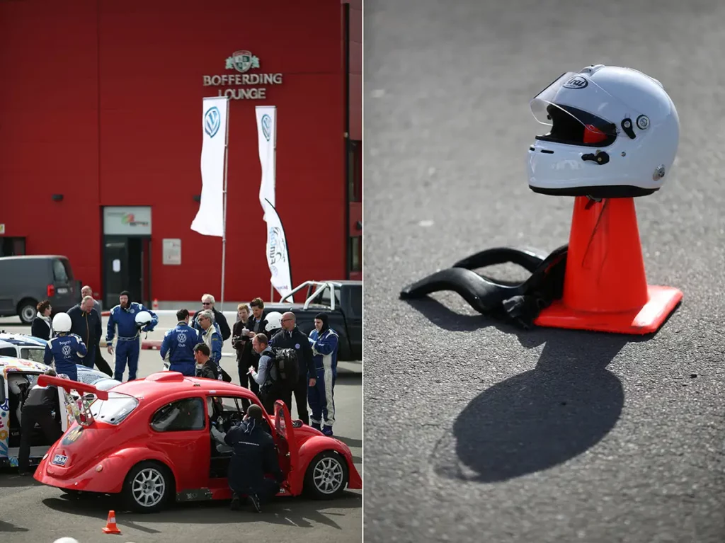 Diptyque montrant à gauche une VW Fun Cup rouge devant un bâtiment assorti et à droite un casque blanc posé sur un cône de signalisation orange.