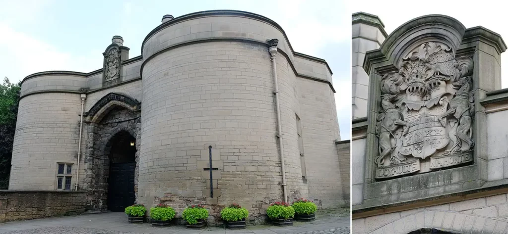Diptyque de l'entrée du château de Nottingham et gros plan sur les armoiries avec la devise Loyaulté Nahonte.