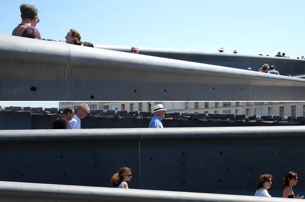 Graphisme de la passerelle du MuCEM et du Fort Saint-Jean lors d'une journée à Marseille.