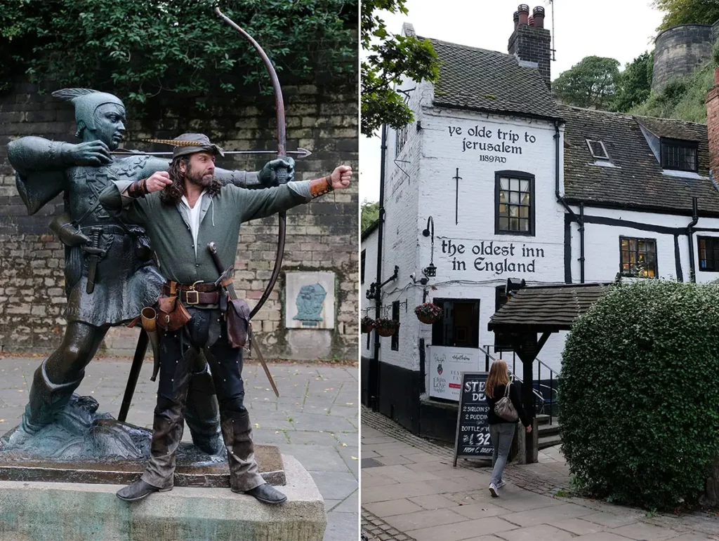 Diptyque à Nottingham : le guide mimant la statue de Robin des Bois à gauche, et la façade du pub Ye Olde Trip to Jerusalem à droite.