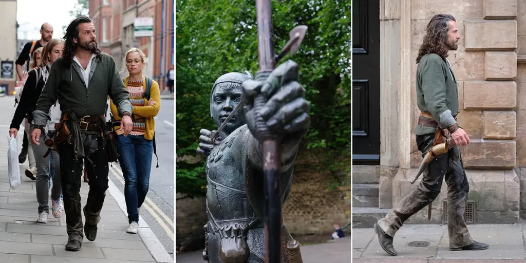 Triptyque montrant un guide déguisé en Robin des Bois avec des touristes, la statue en bronze de Robin Hood et un portrait de profil du guide.