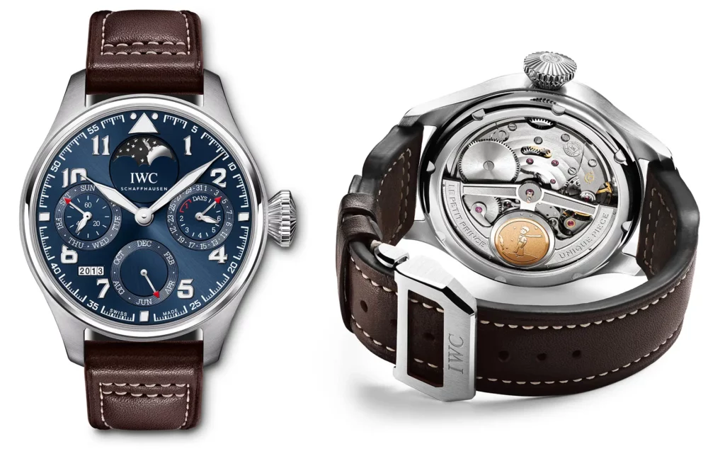 Diptyque de l'IWC Grande Montre d'Aviateur Calendrier Perpétuel Édition Le Petit Prince IW502801, vues de face et du dos du boîtier.