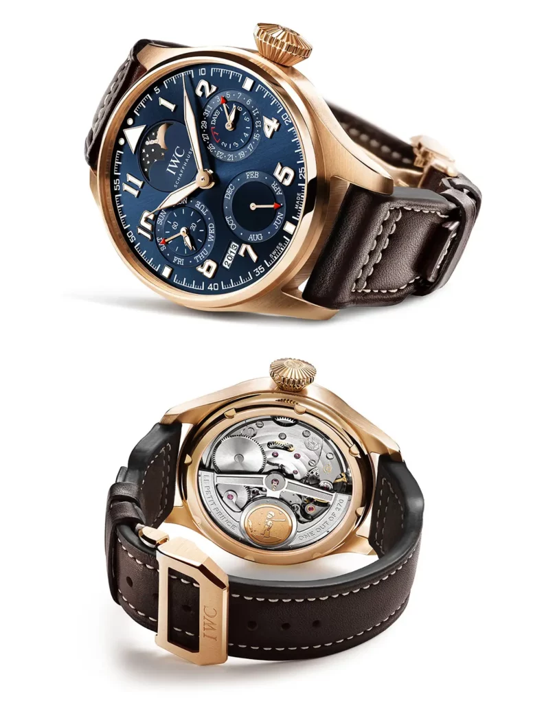 Vue verticale de l'IWC Grande Montre d'Aviateur Calendrier Perpétuel IW502802 : face en or rouge et dos avec mouvement apparent.