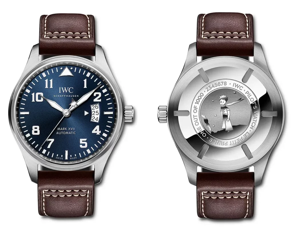 Vues de face et de dos de l'IWC Montre d'Aviateur Mark XVII Édition Le Petit Prince réf. IW326506 avec bracelet cuir.