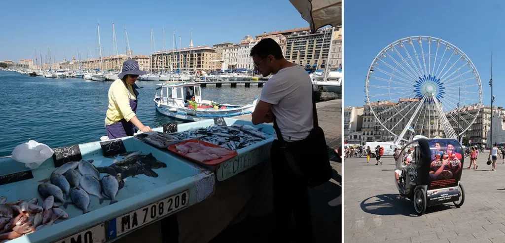 Diptyque du marché aux poissons et de la grande roue sur le Vieux-Port lors d'une journée à Marseille.