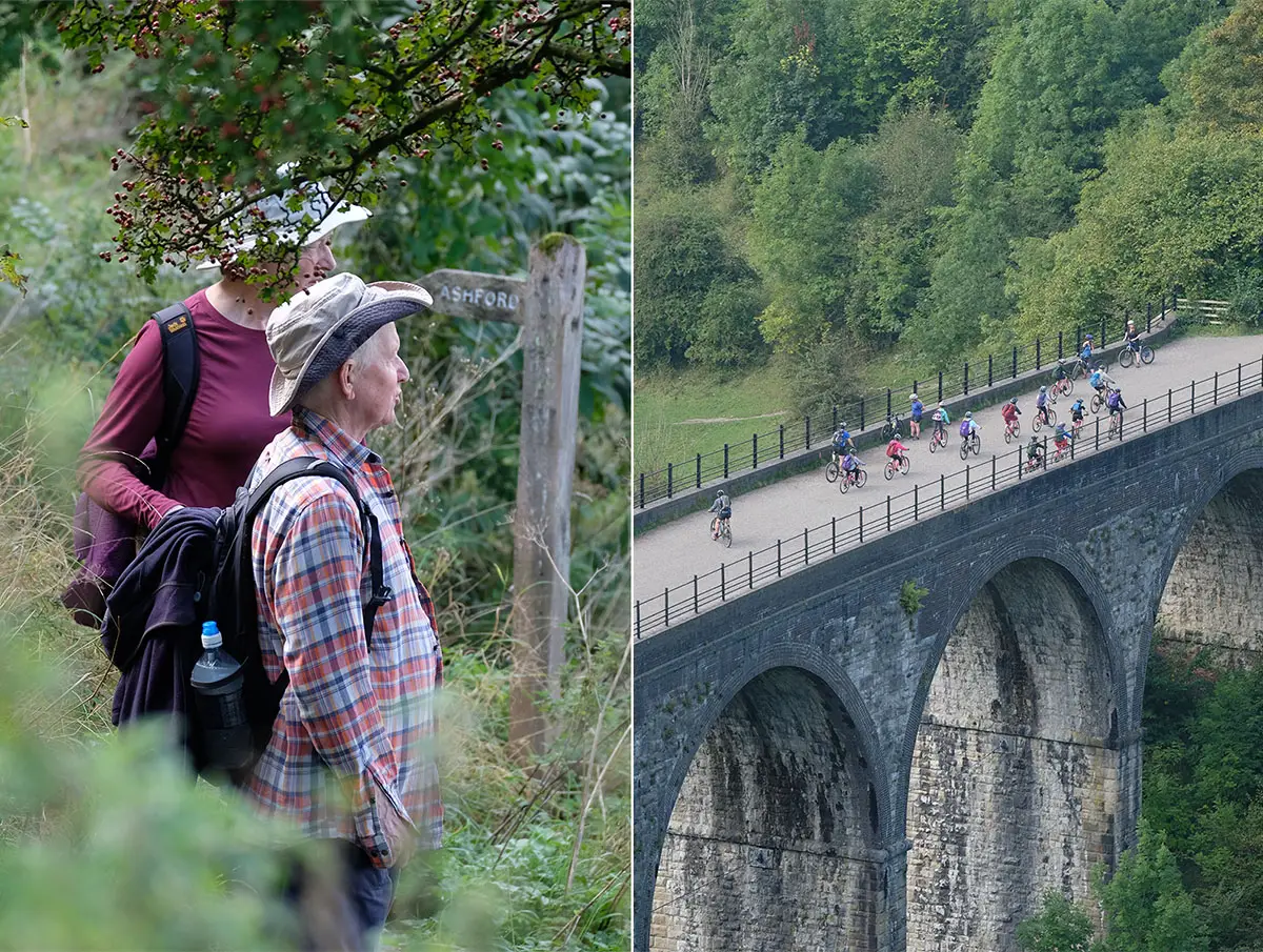 Diptyque de Monsal Head : un couple admirant la vallée à gauche et le viaduc du Monsal Trail avec des cyclistes à droite.