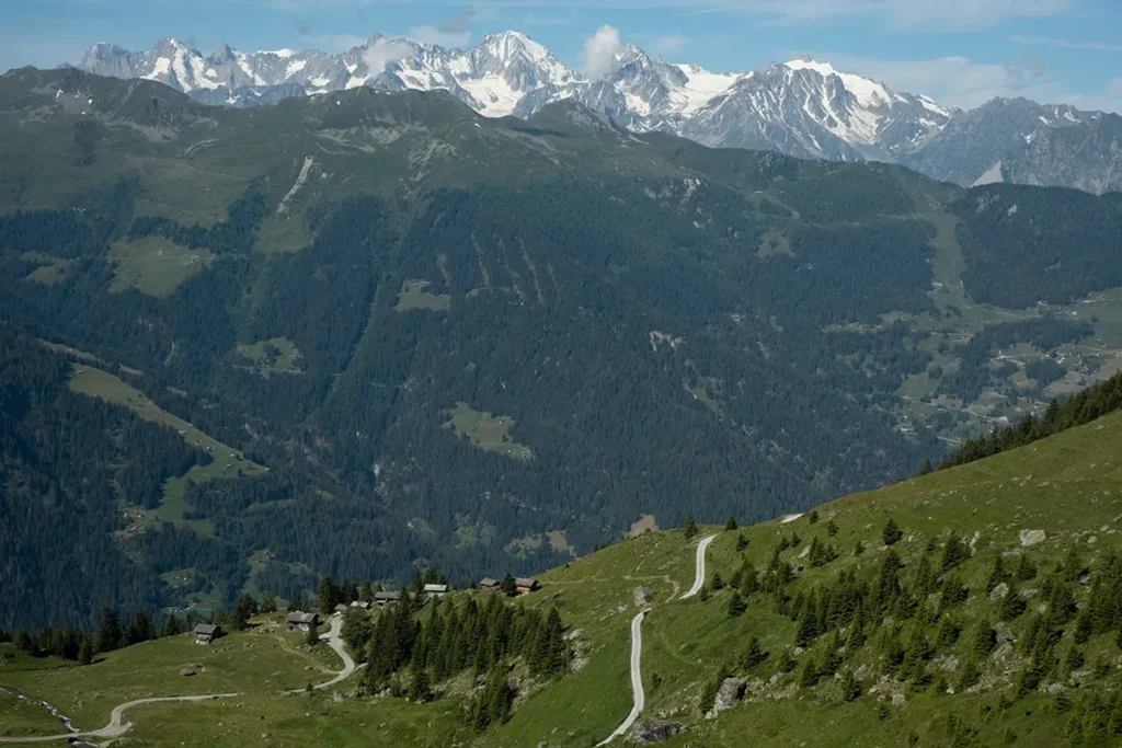 Vue panoramique sur les pâturages d'altitude et les montagnes du Valais depuis le Sentier des Chamois à Verbier en été.