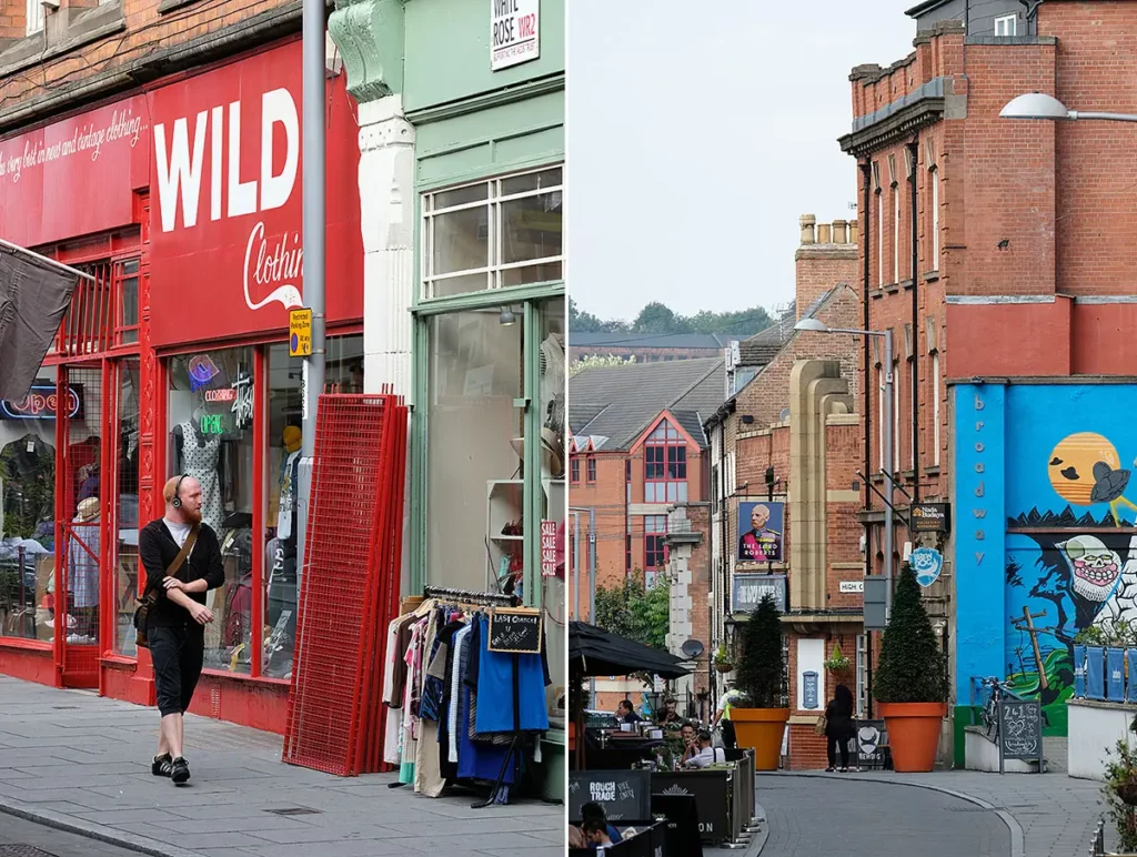 Diptyque de rues typiques du centre-ville de Nottingham avec des façades de commerces colorées et une architecture urbaine soignée.