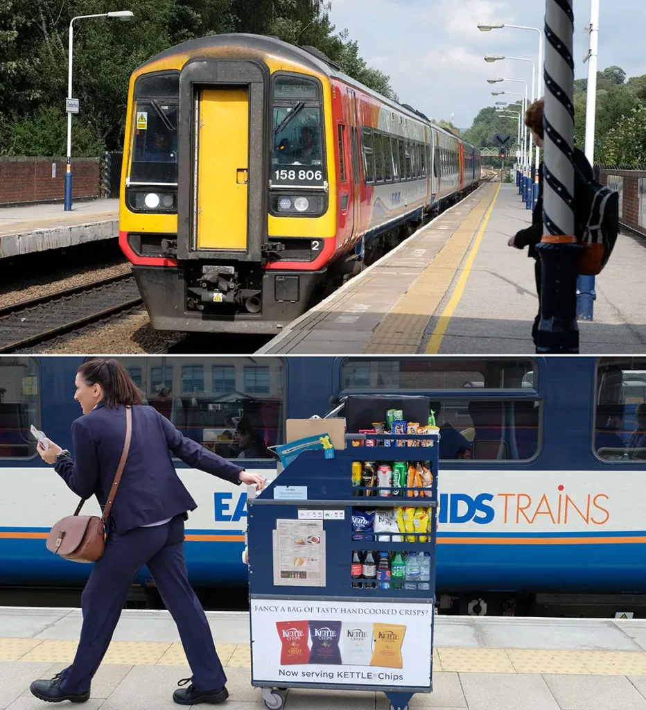 Diptyque de deux photos horizontales montrant des trains en gare dans la région des East Midlands en Angleterre.