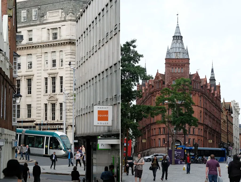 Diptyque du centre-ville de Nottingham : un tramway dans une rue piétonne et la façade de l'ancien bâtiment de la Prudential Bank.