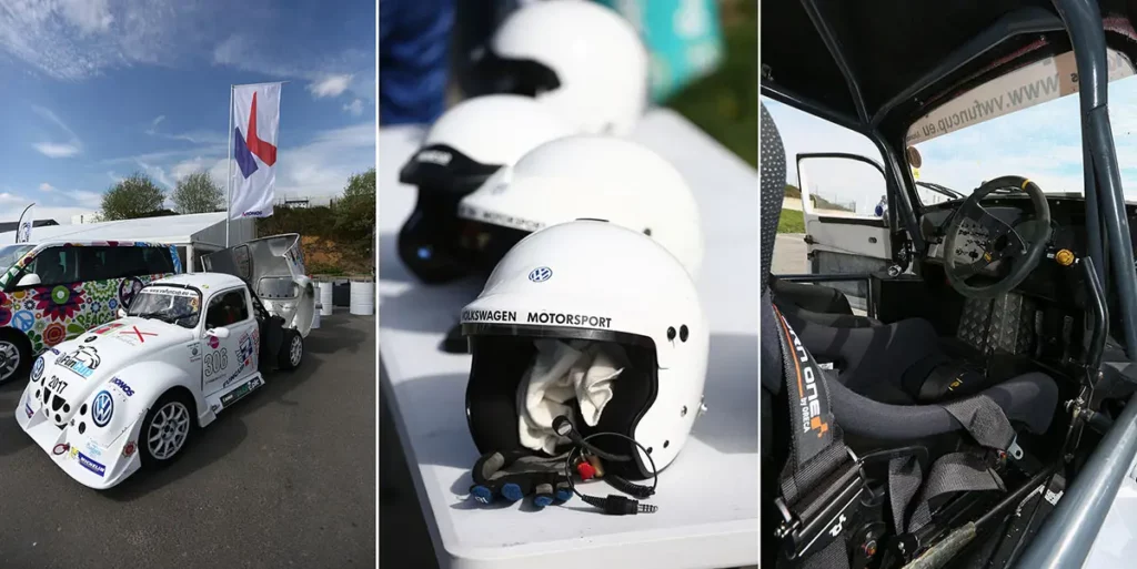 Triptyque montrant le moteur d'une VW Fun Cup, un alignement de casques de pilotes et l'intérieur du cockpit avec siège baquet.
