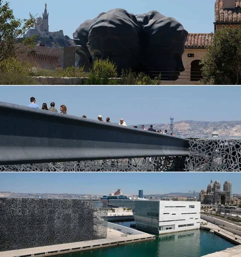 Triptyque du MuCEM, de la passerelle du Fort Saint-Jean et de la Cathédrale de la Major lors d'une journée à Marseille.