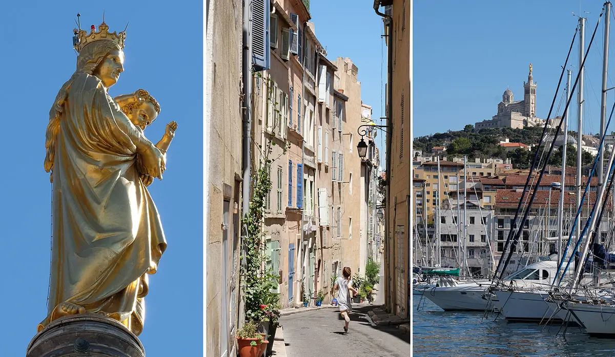 Triptyque des symboles de la ville : la Bonne Mère, le quartier du Panier et le Vieux-Port lors d'une journée à Marseille.
