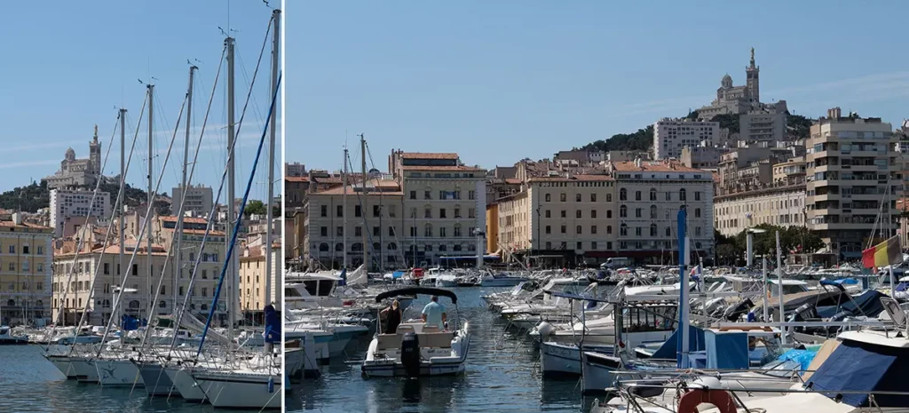 Diptyque du Vieux-Port de Marseille avec les voiliers et Notre-Dame de la Garde en arrière-plan lors d'une journée à Marseille.