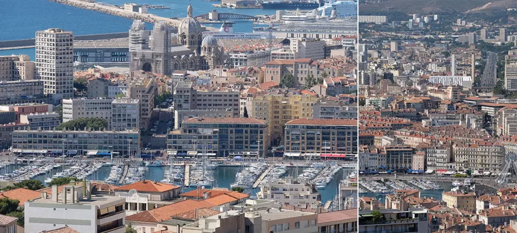 Vue panoramique sur le Vieux-Port, la Cathédrale de la Major et la Gare Maritime lors d'une journée à Marseille.