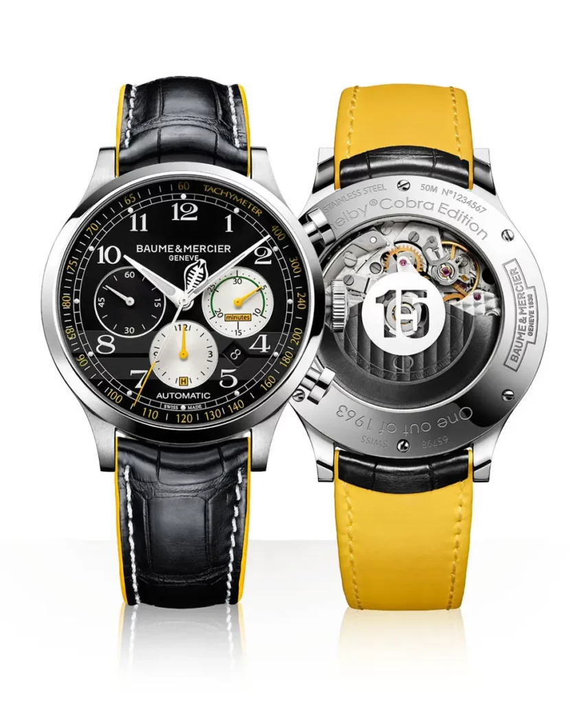 Vue comparative verticale de la Baume & Mercier Capeland Shelby Cobra Classic : à gauche le cadran de face, à droite le fond saphir révélant le mouvement automatique et la masse oscillante.