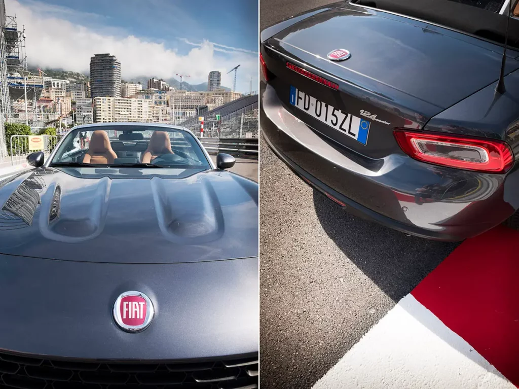 Diptyque montrant à gauche le logo avant de la Fiat 124 Spider avec les tribunes de Monaco en arrière-plan, et à droite un gros plan du logo arrière sur un vibreur rouge et blanc.