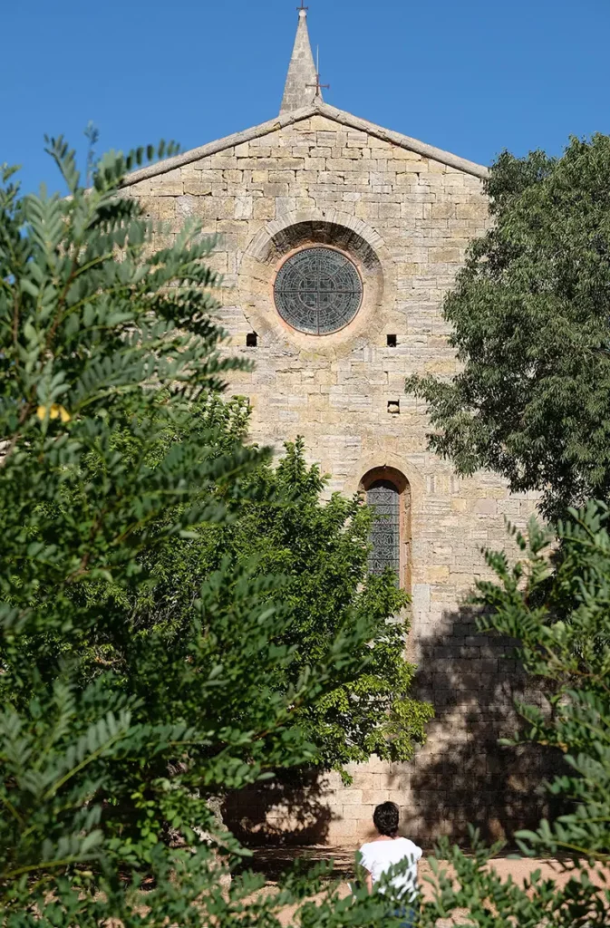Vue de la façade ouest de l'abbatiale de l'Abbaye du Thoronet en Provence, éclairée par la lumière du soleil dans l'après-midi, se dégageant de la végétation et montrant ses oculus et vitraux.
