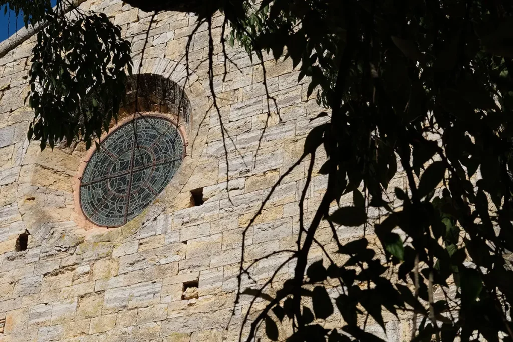 Gros plan sur l'oculus et le vitrail de la façade ouest de l'Abbaye du Thoronet à travers la végétation.