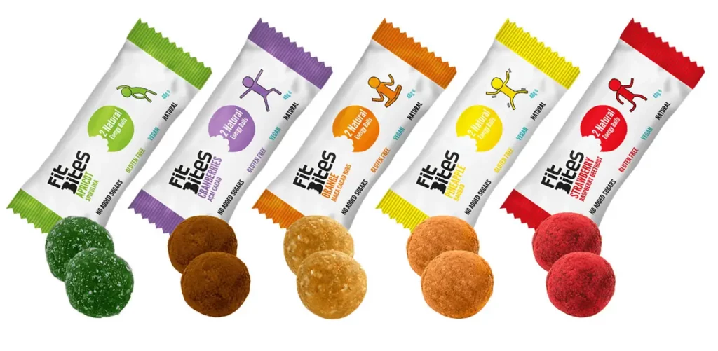 Packshot des 5 saveurs de barres énergétiques Fit Bites pour une nutrition saine pendant les 20 km de Bruxelles.