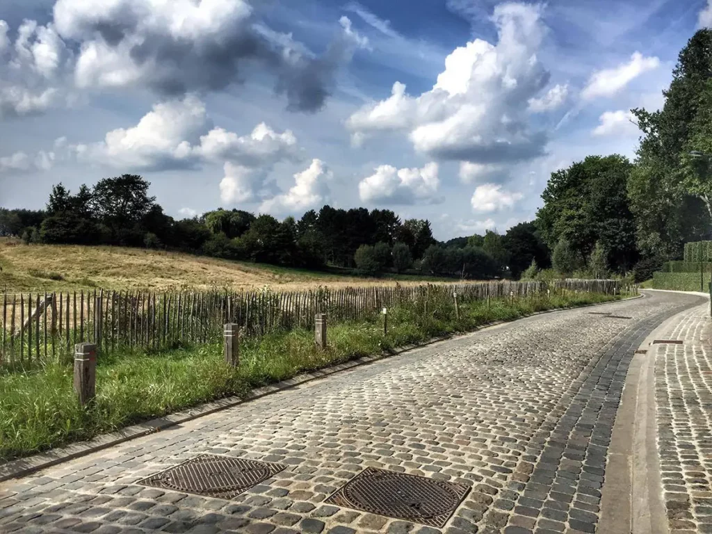 Chemin de pavés de la Promenade Verte longeant les champs de Verrewinkel à Uccle avant l'entrée dans le bois.