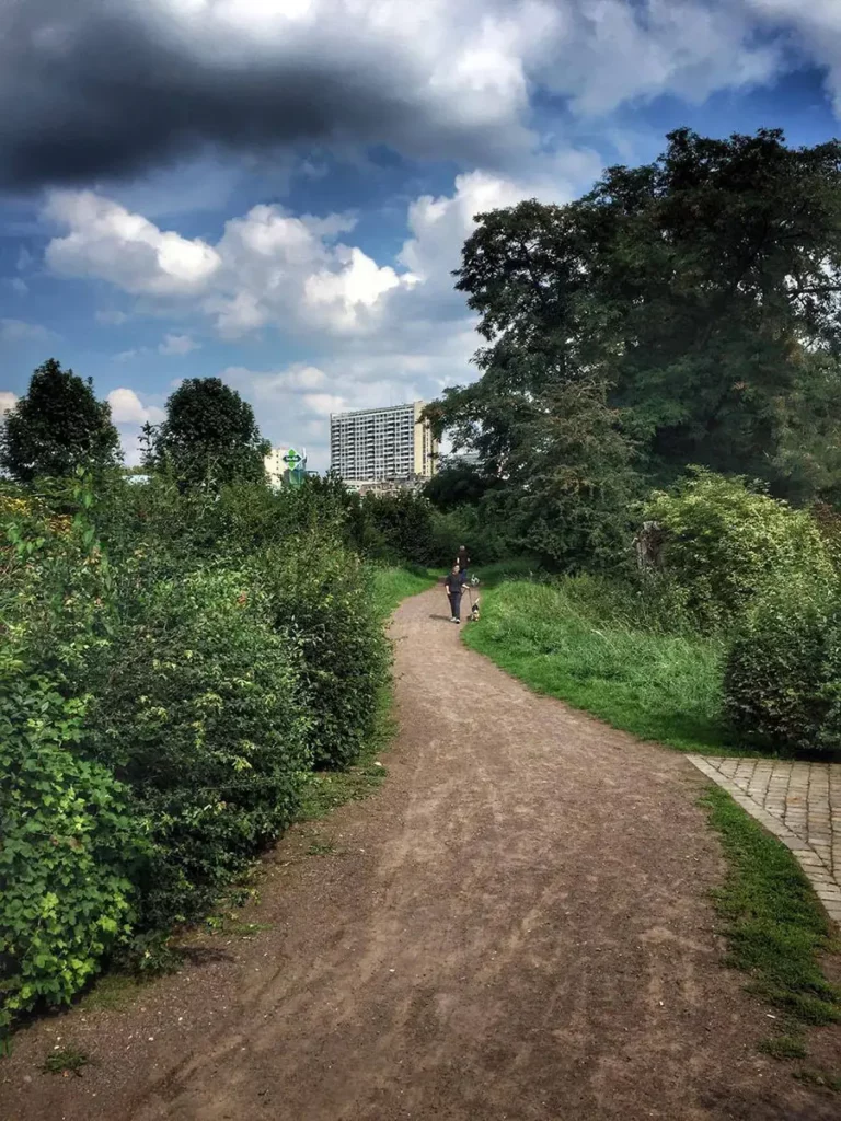 Sentier en dolomie de la Promenade Verte traversant la nature sauvage du Zavelenberg à Berchem-Sainte-Agathe, avec des promeneurs et les tours en arrière-plan.