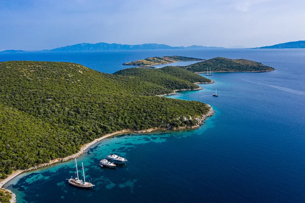 Vue aérienne de la côte découpée de Bodrum en Turquie, montrant les eaux turquoise du rivage, la mer bleu profond et les collines de végétation sous un ciel azur.