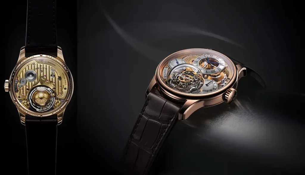Montre Zenith Academy Christophe Colomb Hurricane présentant son mécanisme gyroscopique sous un dôme de verre saphir.