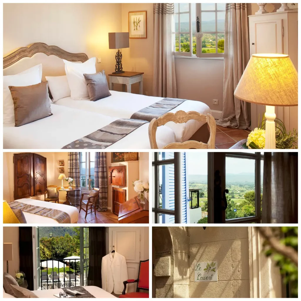 Chambres décorées dans un style provençal chic et luxueux au sein de l'Hostellerie Bérard.