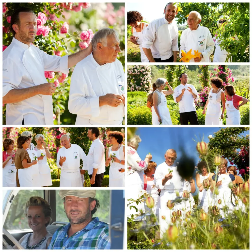 Les chefs René et Jean-François Bérard de l'Hostellerie Bérard entourés de passionnés dans le potager.