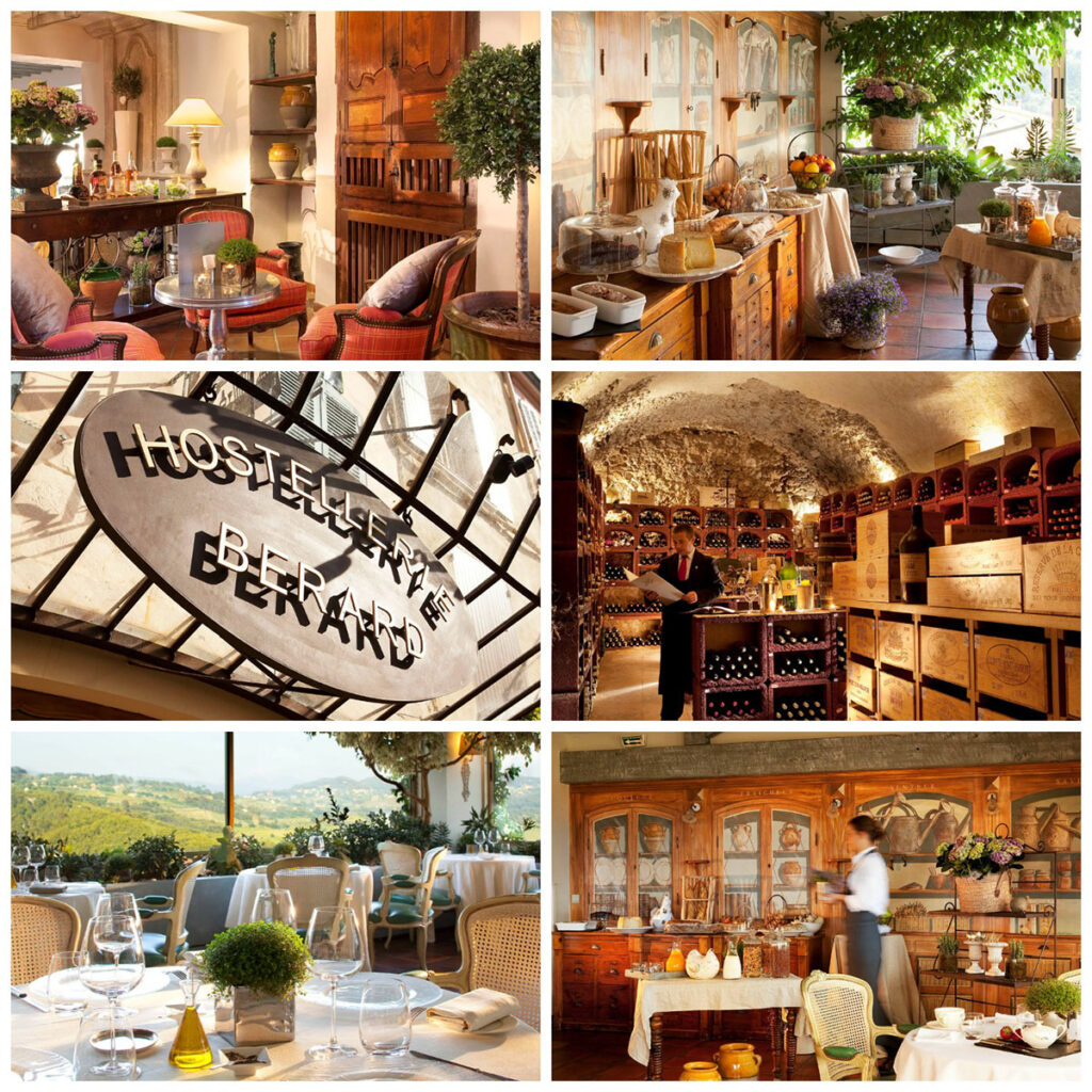 Salons élégants et cave à vin de l'Hostellerie Bérard décorés avec des meubles d'époque provençaux.