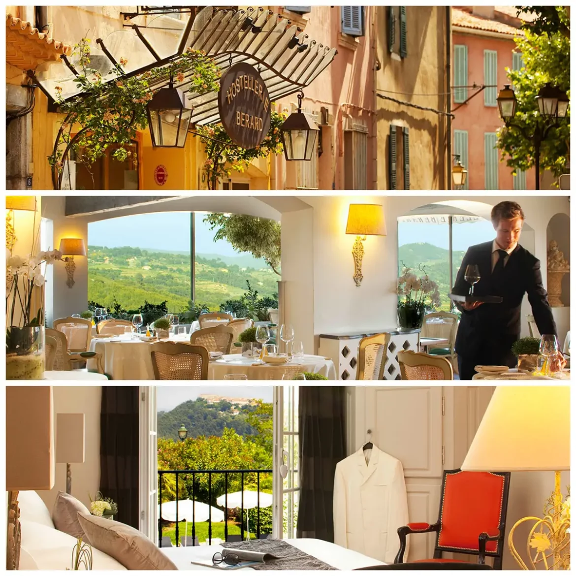 Entrée principale de l'Hostellerie Bérard avec vue sur le restaurant d'époque et une chambre. donnant sur le village du Castellet
