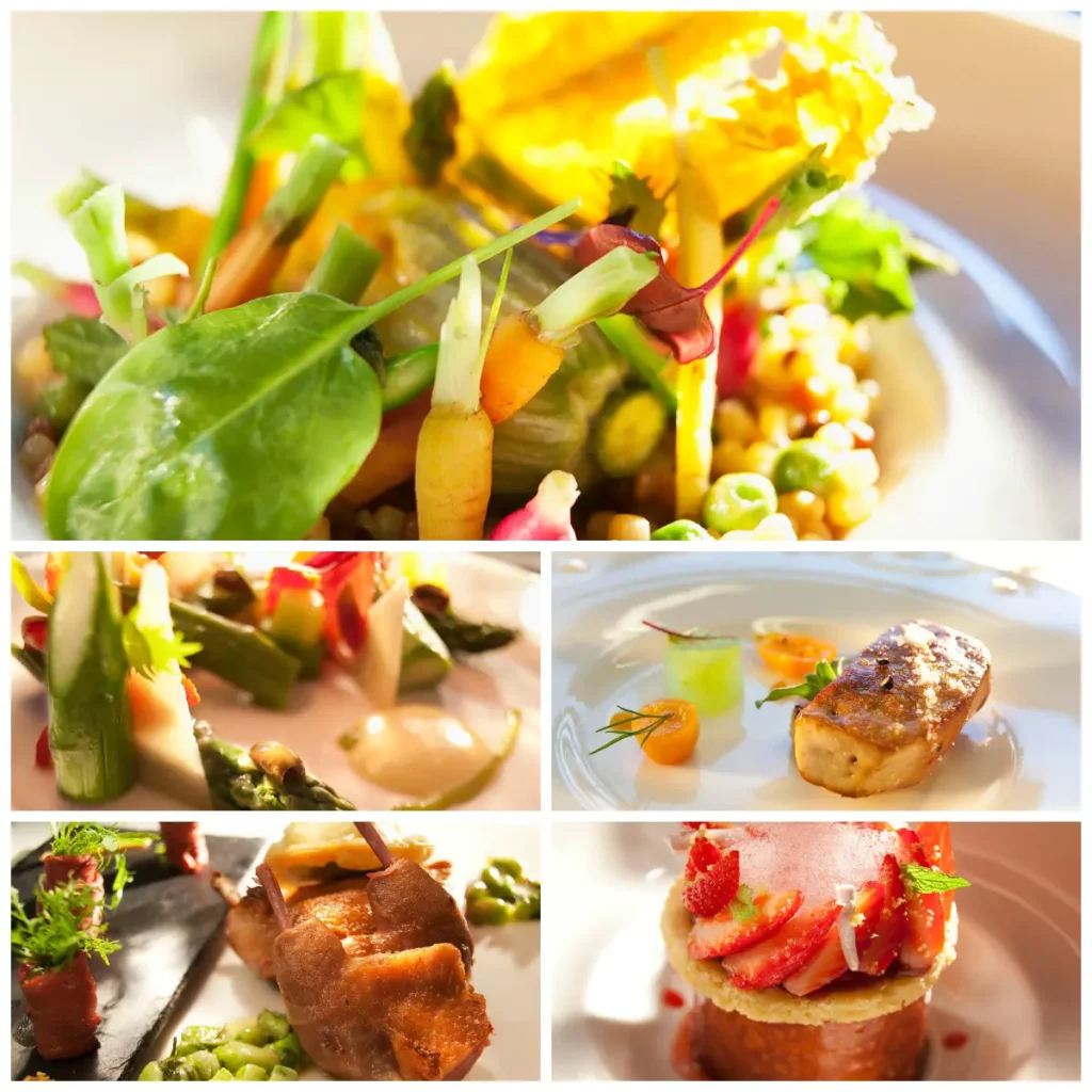Plats gastronomiques raffinés servis à la table de l'Hostellerie Bérard à la Cadière d'Azur.