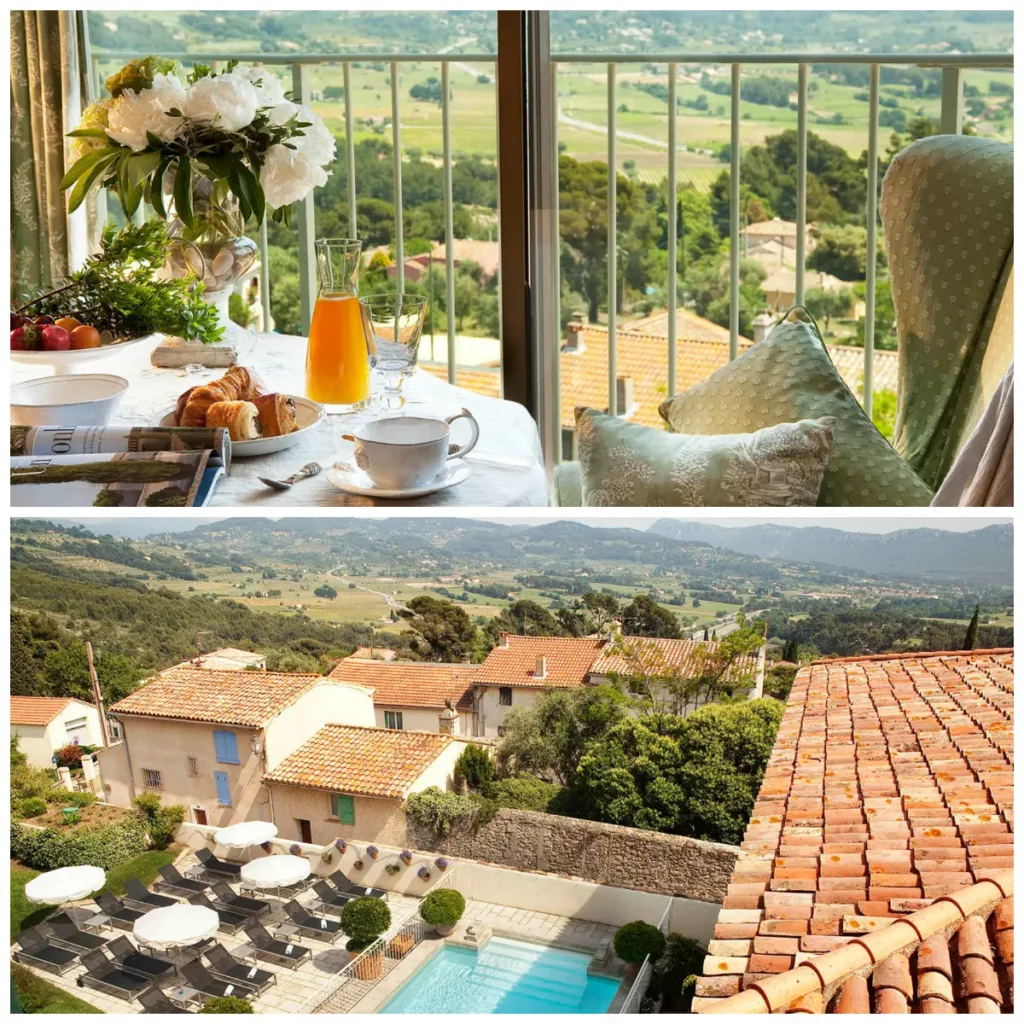 Petit déjeuner en suite face au Castellet et vue sur la piscine de l'Hostellerie Bérard.