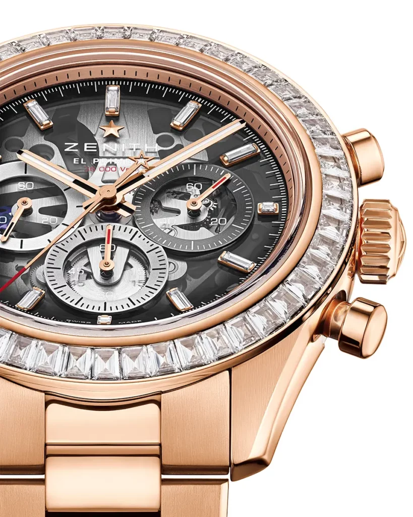 Zoom macro de trois-quarts sur la montre Zenith Chronomaster Sport Skeleton en or rose et diamants face au cadran transparent.