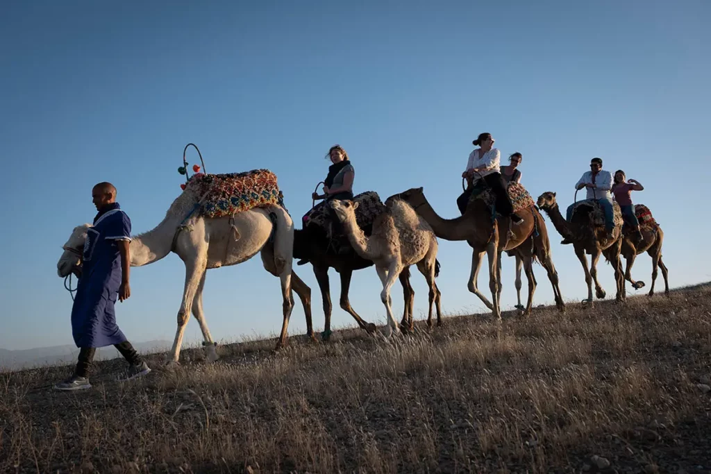 Balade en dromadaire dans le désert d'Agafay au domaine Terre des Étoiles avec un guide et des visiteurs